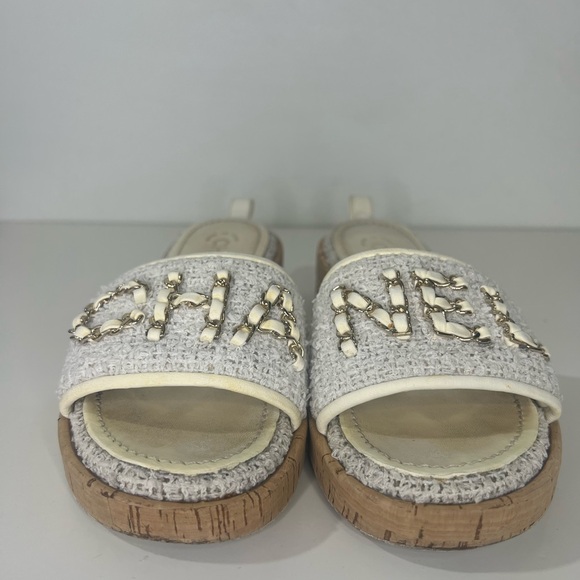 Chanel CC 2021 Chain Pool Tweed Cork Heels Mule Sandals Slides Shoes - Picture 9 of 13